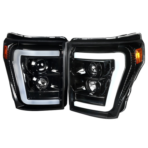 Spec-D Tuning 2LHP-F25011BK-TM F-250 Projector Headlights w/ LED C-Bars - Jet Black Housing, Clear Lens (2011-2016)