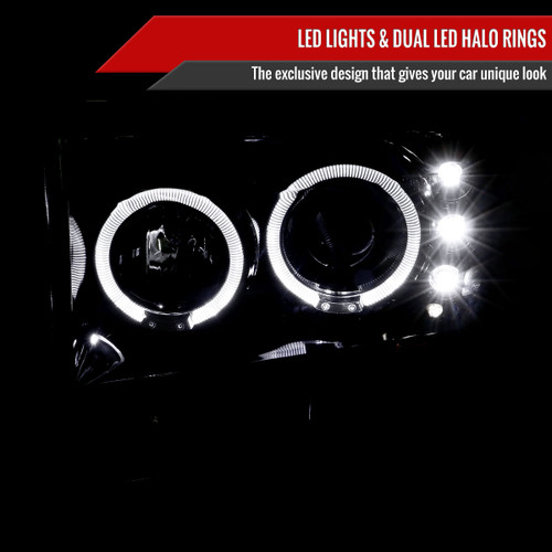 Spec-D Tuning F-250 Dual Halo Projector Headlights - Gloss Black Housing, Smoked Lens (1999-2004)