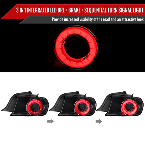 Spec-D Tuning Mustang LED Halo Ring Tail Lights - Gloss Black Housing, Clear Lens (2015-2023)