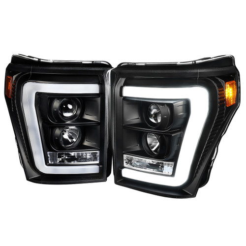 Spec-D Tuning 2LHP-F25011JM-TM F-250 Projector Headlights w/ LED C-Bars - Matte Black Housing, Clear Lens (2011-2016)