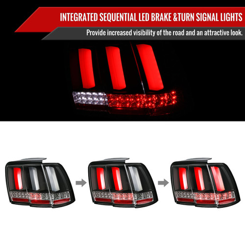 Spec-D Tuning Mustang Sequential LED Tail Lights - Matte Black Housing, Clear Lens (1999-2004)
