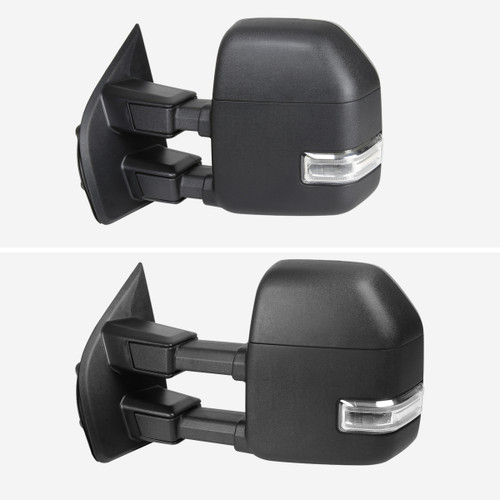 Spec-D Tuning F-250 Power Adjustable, Heated, BSM, ATS Tow Mirrors - Black w/ Clear LED Turn Signals, Puddle, Clearnace & Auxiliary Lights (2017-2019)