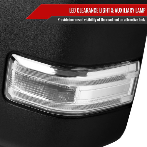 Spec-D Tuning F-250 Power Adjustable, Heated, BSM, ATS Tow Mirrors - Black w/ Clear LED Turn Signals, Puddle, Clearnace & Auxiliary Lights (2017-2019)