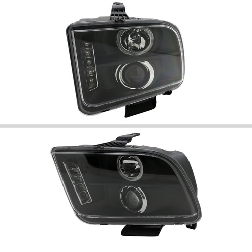 Spec-D Tuning Mustang Halo Projectro Headlights w/ LED Strip - Matte Black Housing, Clear Lens (2005-2009)