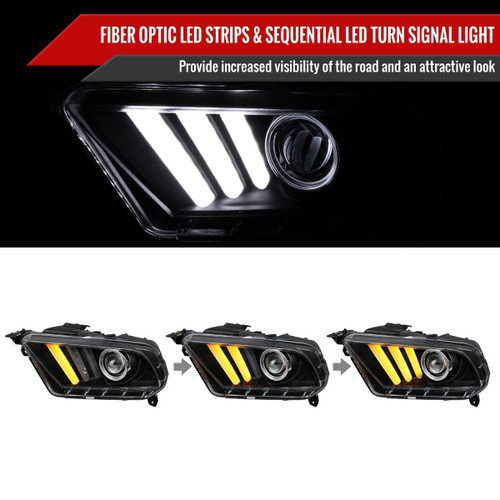 Spec-D Tuning Mustang  Sequential LED Bar Projector Headlights - Matte Black Housing, Clear Lens (2010-2014)