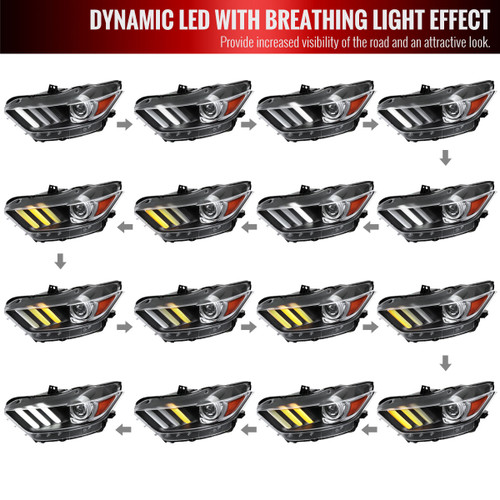 Spec-D Tuning Mustang Xenon HID Switchback Sequential Projector Headlights w/ LED Bars - Matte Black Housing, Clear Lens (2015-2017)