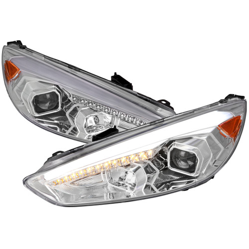 Spec-D Tuning 2LHP-FOC15-SQ-TM Focus Projector Headlights w/ LED Strip & Sequential Turn Signals - Chrome Housing, Clear Lens (2015-2018)
