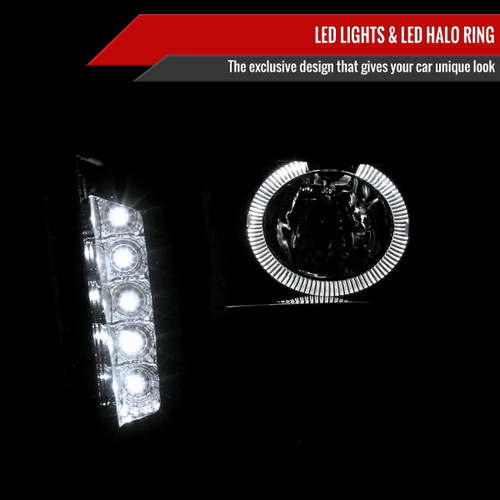 Spec-D Tuning Mustang Halo Projectro Headlights w/ LED Strip - Gloss Black Housing, Smoked Lens (2005-2009)