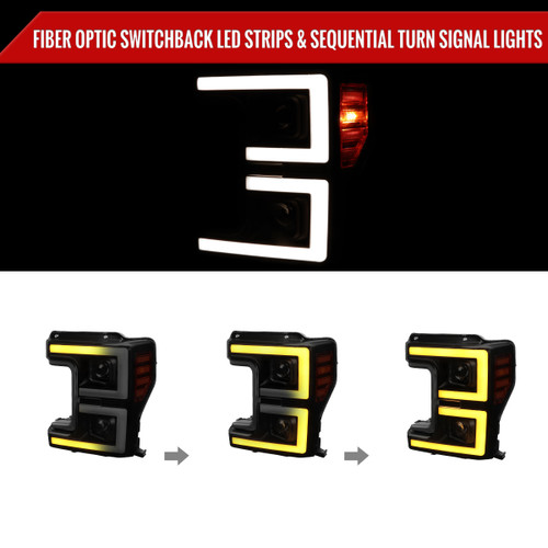 Spec-D Tuning F-250 Projector Headlights w/ Sequential Turn Signal Dual LED C-Bars - Gloss Black Housing, Smoked Lens (2017-2019)