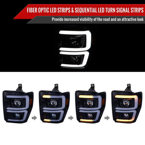Spec-D Tuning F-250 Projector Headlights w/ Dual LED C-Bars & Sequential Signals - Gloss Black Housing, Smoked Lens (2008-2010)