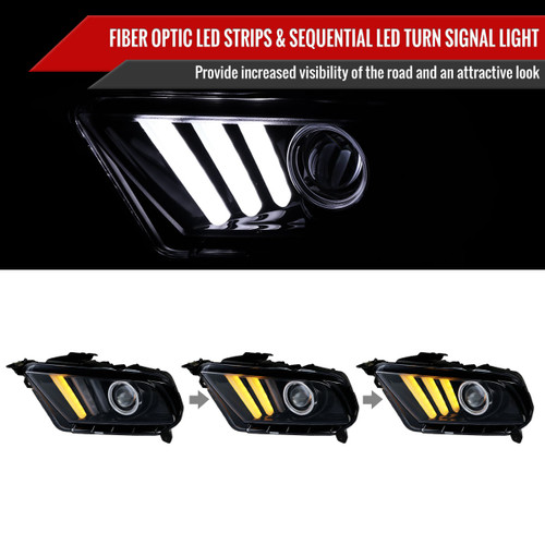 Spec-D Tuning Mustang  Sequential LED Bar Projector Headlights - Gloss Black Housing, Smoked Lens (2010-2014)