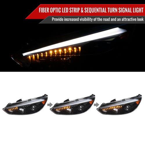 Spec-D Tuning Focus Projector Headlights w/ LED Strip & Sequential Turn Signals - Jet Black Housing, Clear Lens (2015-2018)