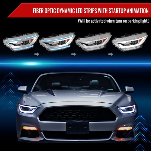 Spec-D Tuning Mustang Xenon HID Projector Headlights w/ LED Strips - Chrome Housing, Clear Lens (2015-2017)