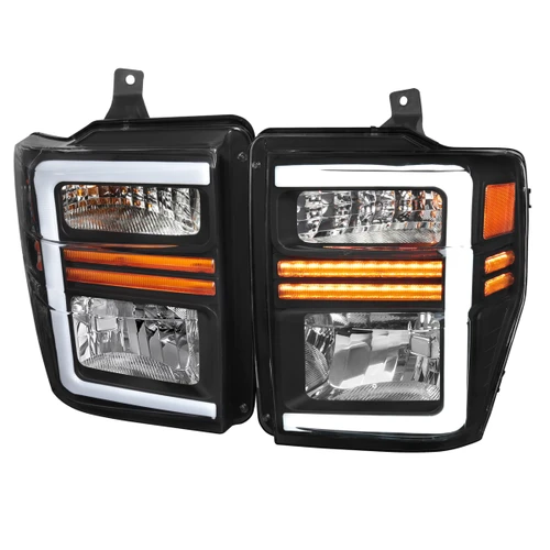 Spec-D Tuning 2LH-F25008JM-G3-GO F-250 Factory Style Headlights w/ LED C-Bars & Sequential Signals - Matte Black Housing, Clear Lens (2008-2010)