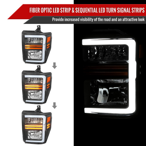 Spec-D Tuning F-250 Factory Style Headlights w/ LED C-Bars & Sequential Signals - Matte Black Housing, Clear Lens (2008-2010)
