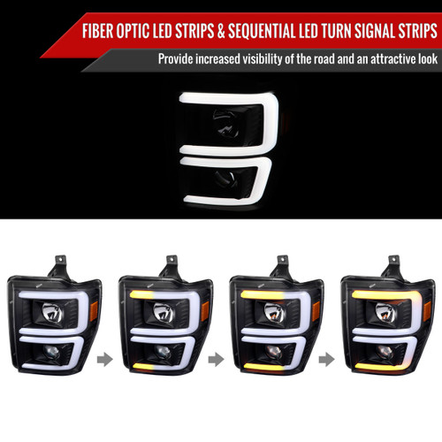 Spec-D Tuning F-250 Projector Headlights w/ Dual LED C-Bars & Sequential Signals - Matte Black Housing, Clear Lens (2008-2010)