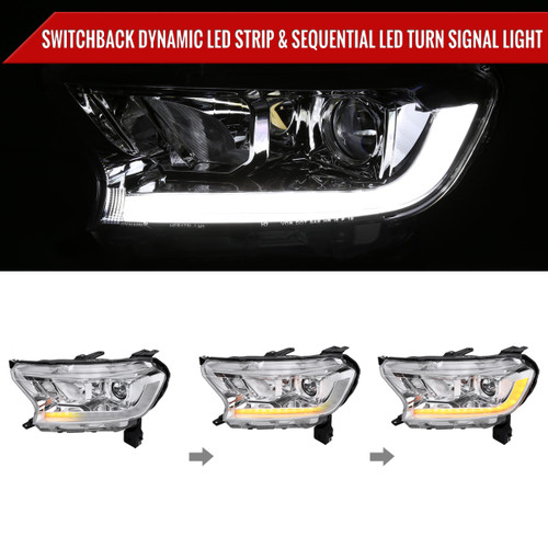 Spec-D Tuning Ranger Switchback Sequential LED Bar Projector Headlights  - Chrome Housing, Clear Lens (2019-2022)