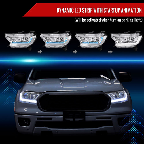 Spec-D Tuning Ranger Switchback Sequential LED Bar Projector Headlights  - Chrome Housing, Clear Lens (2019-2022)