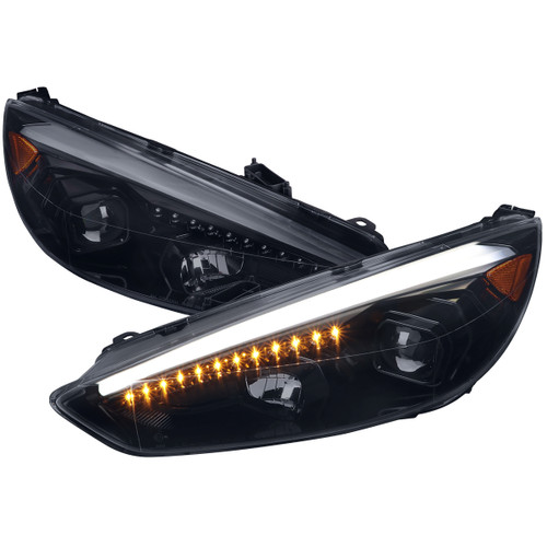Spec-D Tuning 2LHP-FOC15G-SQ-TM Focus Projector Headlights w/ LED Strip & Sequential Turn Signals - Gloss Black Housing, Smoked Lens (2015-2018)