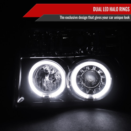 Spec-D Tuning F-150 Dual Halo Projector Headlights - Gloss Black Housing, Smoked Lens (1992-1996)