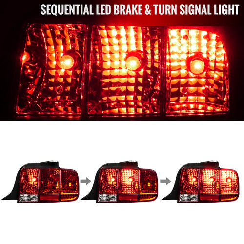 Spec-D Tuning Mustang  Sequential Tail Lights - Chrome Housing, Red Lens (2005-2009)