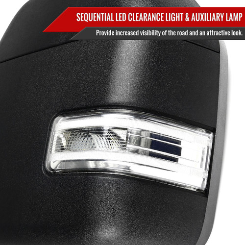 Spec-D Tuning F-150/F-250/F-350 Power Adjustable, Heated Tow Mirrors - Black w/ Clear LED Turn Signal, Clearance, & Auxiliary Lights (2017-2019)