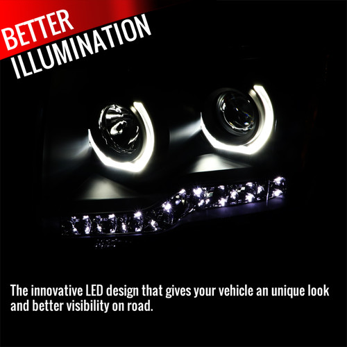 Spec-D Tuning F-150 Dual U-Ring Halo Projector Headlights w/ LED Light Strip - Matte Black Housing, Clear Lens (2009-2014)