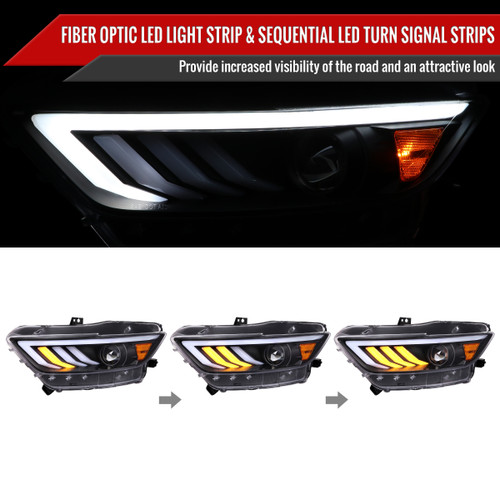 Spec-D Tuning Mustang HID-Type Sequential Projector Headlights w/ LED Bars and Strips - Matte Black Housing, Clear Lens (2015-2017)