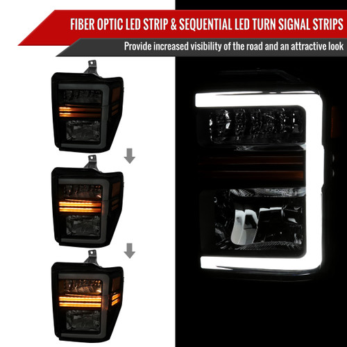 Spec-D Tuning F-250 Factory Style Headlights w/ LED C-Bars & Sequential Signals - Matte Black Housing, Smoked Lens (2008-2010)