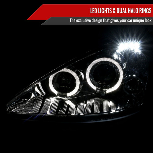 Spec-D Tuning Focus Dual Halo Projector Headlights - Chrome Housing, Clear Lens (2000-2004)