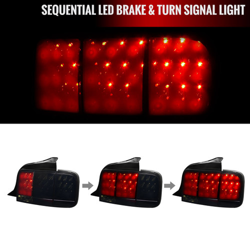 Spec-D Tuning Mustang  Sequential LED Tail Lights - Gloss Black Housing, Smoked Lens (2005-2009)