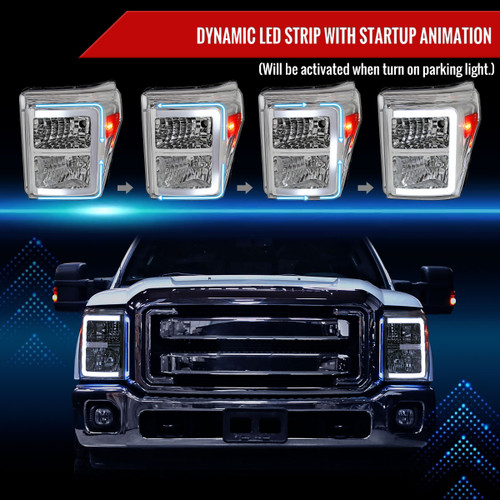 Spec-D Tuning F-250 Factory Style Headlights w/ LED C-Bars - Chrome Housing, Clear Lens (2011-2016)