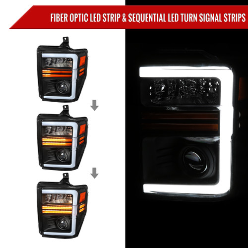 Spec-D Tuning F-250 Projector Headlights w/ LED C-Bars & Sequential Signals - Matte Black Housing, Clear Lens (2008-2010)