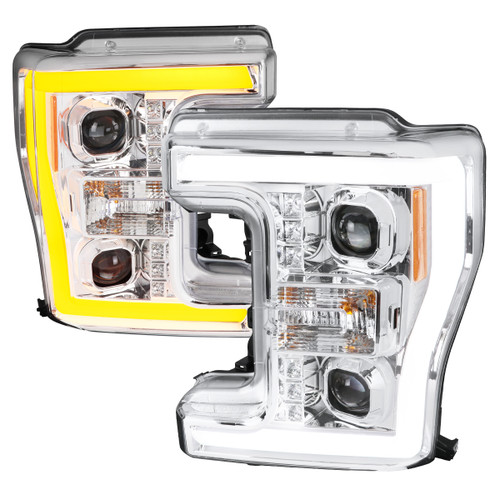 Spec-D Tuning 2LHP-F25017-TM F-250 Projector Headlights w/ Switchback LED C-Bars - Chrome Housing, Clear Lens (2017-2019)