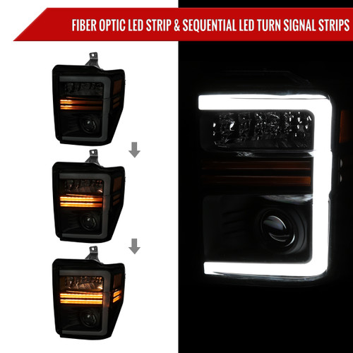 Spec-D Tuning F-250 Projector Headlights w/ LED C-Bars & Sequential Signals - Matte Black Housing, Smoked Lens (2008-2010)