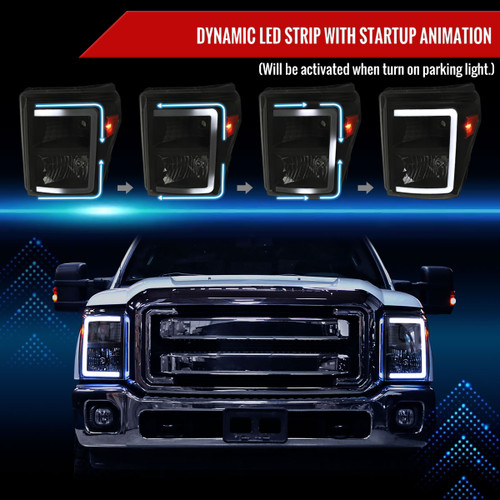 Spec-D Tuning F-250 Factory Style Headlights w/ LED C-Bars - Black Housing, Smoked Lens (2011-2016)
