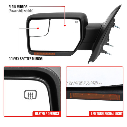 Spec-D Tuning F-150 Power Adjustable, Heated Mirrors - Black w/ Clear LED Turn Signals & Puddle Lights (2007-2014)