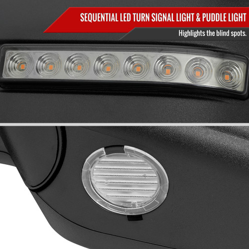 Spec-D Tuning F-150 Power Adjustable, Heated Mirrors - Black w/ Clear LED Turn Signals & Puddle Lights (2007-2014)
