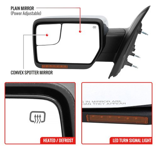 Spec-D Tuning F-150 Power Adjustable, Heated Mirrors - Chrome w/ Clear LED Turn Signals & Puddle Lights (2007-2014)