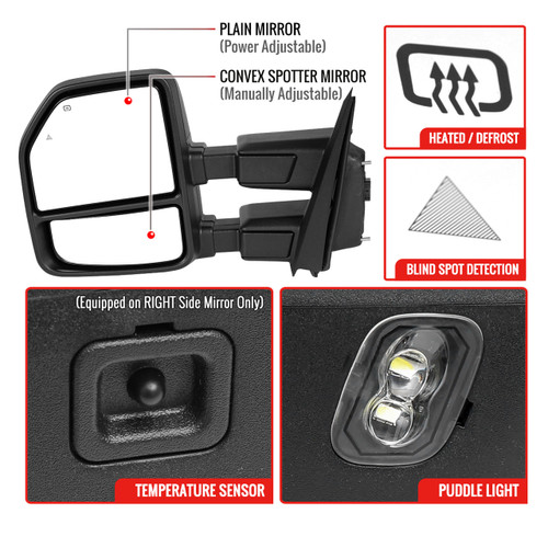 Spec-D Tuning F-150/F-250 Power Adjustable, Heated Tow Mirrors - Black w/ Smoked LED Turn Signals, Puddle Lights (2021-2025)