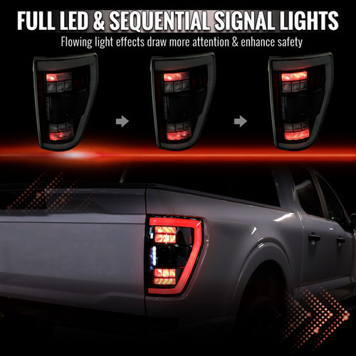 Spec-D Tuning F-150 Full LED White Bar Tail Lights w/ Sequential Turn Signals - Black Housing, Smoked Lens (2021-2023)