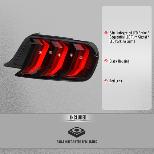 Spec-D Tuning Mustang Euro Style LED Tail Lights w/ Sequential LED Turn Signals - Black Housing, Red Lens (2015-2023)