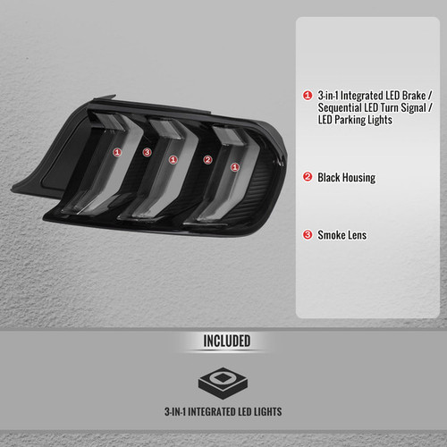 Spec-D Tuning Mustang Euro Style LED Tail Lights w/ Sequential LED Turn Signals - Black Housing, Smoked Lens (2015-2023)
