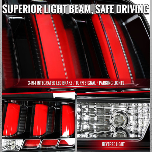 Spec-D Tuning Mustang LED Tail Lights - Black Housing, Clear Lens, Red Bars (2005-2009)
