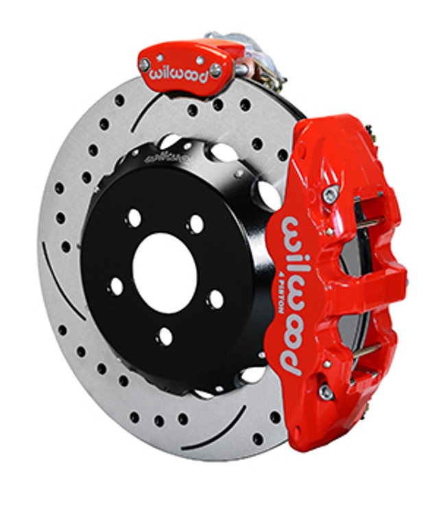 Wilwood AERO4-MC4 S550 Mustang Street Rear Parking Brake Kit - 14" Slotted Drilled Rotors Red 4 Piston Calipers (2015-2023) - Image Wilwood AERO4-MC4 S550 Mustang Street Rear Parking Brake Kit - 14" Slotted Drilled Rotors Red 4 Piston Calipers (2015-2023) - Image