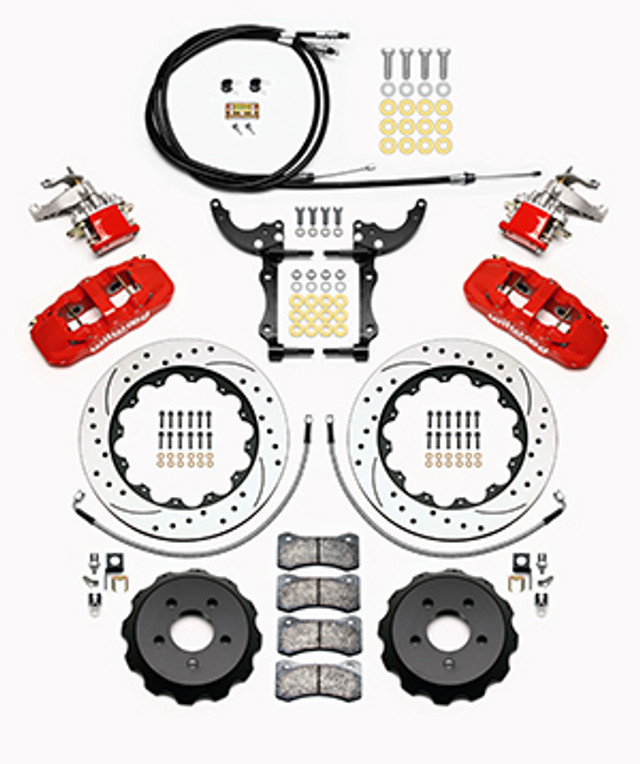 Wilwood AERO4-MC4 S550 Mustang Street Rear Parking Brake Kit - 14" Slotted Drilled Rotors Red 4 Piston Calipers (2015-2023) - Image Wilwood AERO4-MC4 S550 Mustang Street Rear Parking Brake Kit - 14" Slotted Drilled Rotors Red 4 Piston Calipers (2015-2023) - Image