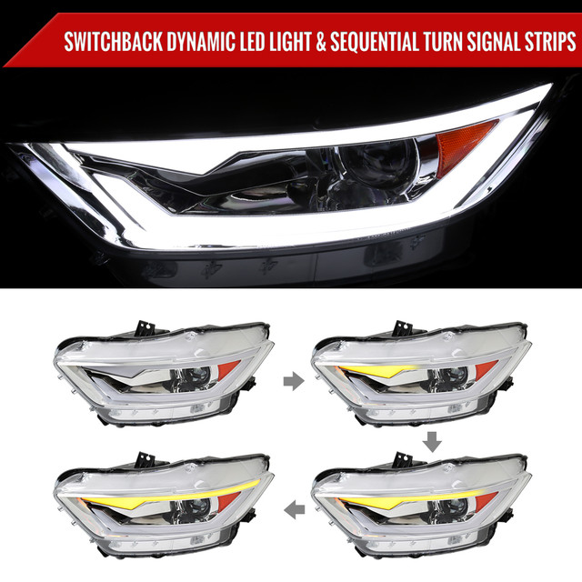 Spec-D Tuning Mustang Xenon HID Switchback Sequential Projector Headlights w/ LED Strips - Chrome Housing, Clear Lens (2015-2017) - Image Spec-D Tuning Mustang Xenon HID Switchback Sequential Projector Headlights w/ LED Strips - Chrome Housing, Clear Lens (2015-2017) - Image