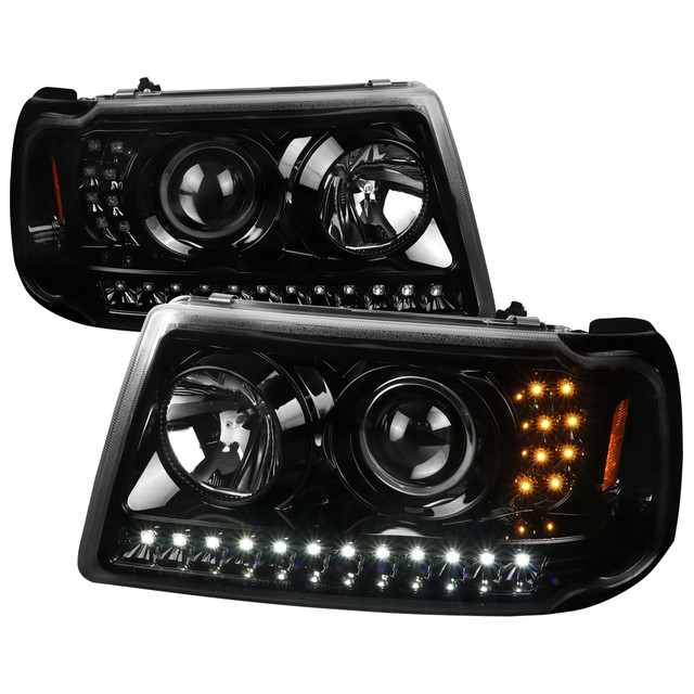 Spec-D Tuning Ranger Projector Headlights w/ LED Light Strip & Turn Signals - Jet Black Housing, Smoked Lens (2001-2011) - Image