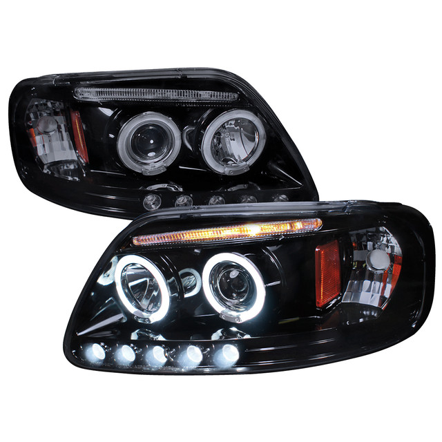 Spec-D Tuning F-150 Dual Halo Projector Headlights - Gloss Black Housing, Smoked Lens (1997-2003) - Image