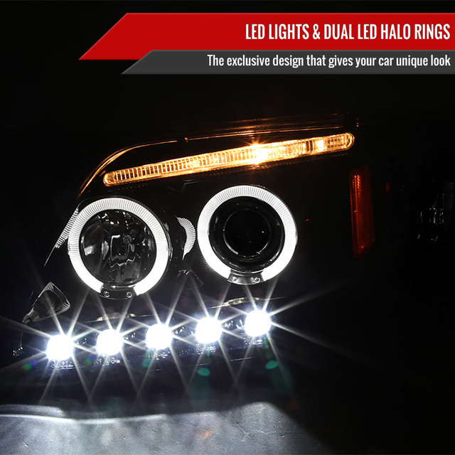 Spec-D Tuning F-150 Dual Halo Projector Headlights - Gloss Black Housing, Smoked Lens (1997-2003) - Image